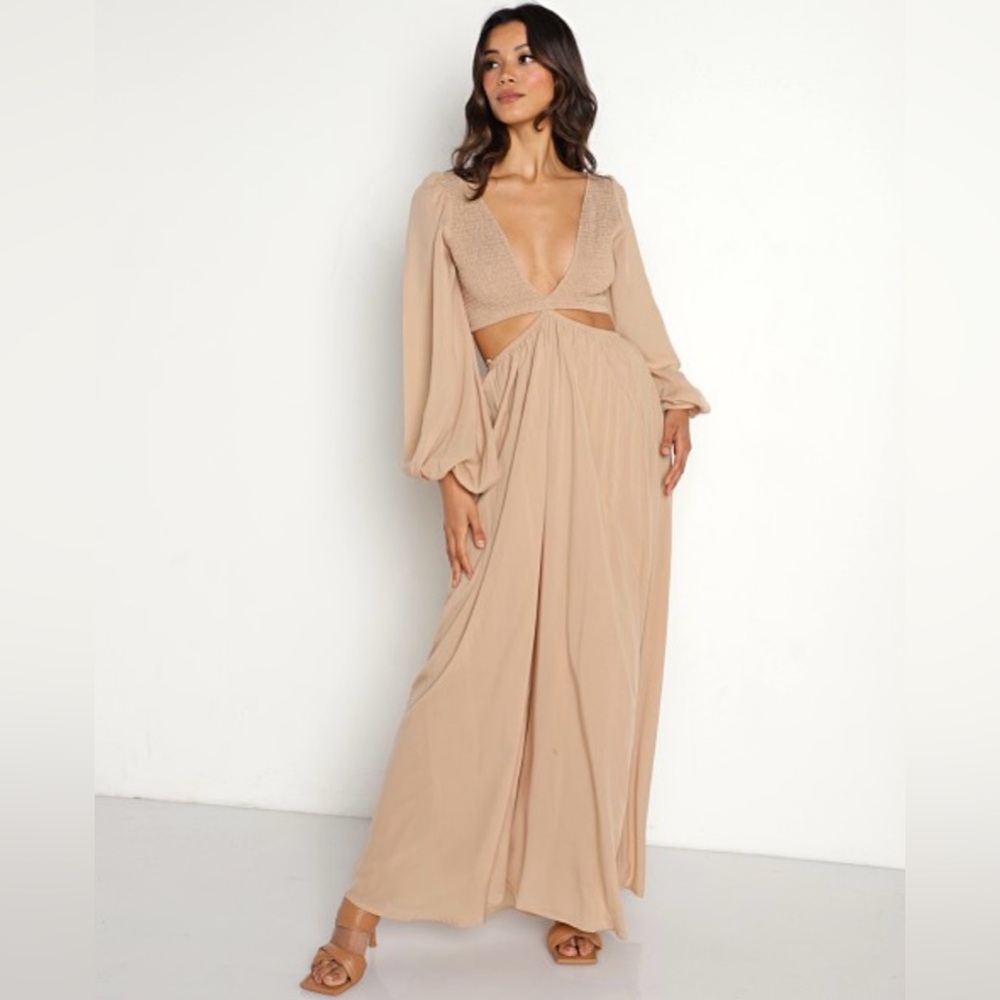 Indah Nude Deep V Maxi Dress with Cutout Waist